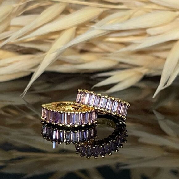 Gold Plated Huggie Hoop Earrings Dainty Minimalistic Sterling Silver CZ gems - Picture 1 of 4